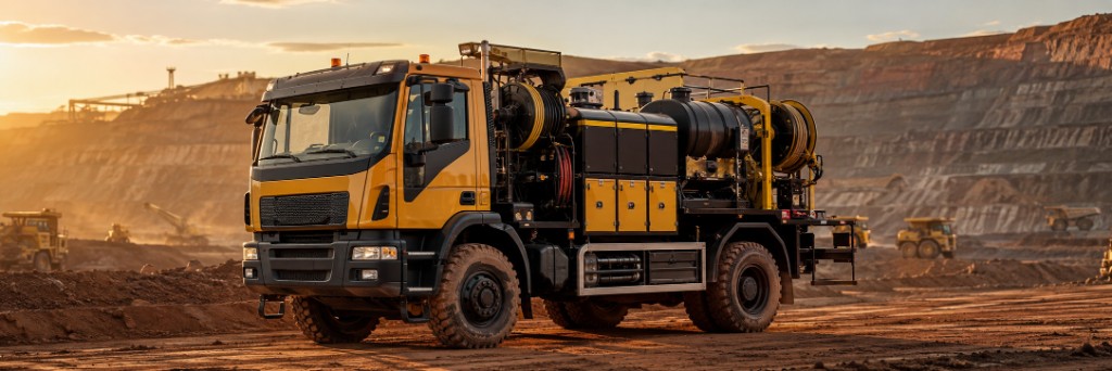 Mining lubrication service truck at an open-pit mine